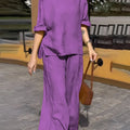 Women Round Neck Long Sleeve Side Pocket High Waist Wide Leg Trousers Set