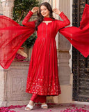 Red Embroidered Anarkali Kurta Set with Dupatta