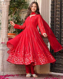 Red Embroidered Anarkali Kurta Set with Dupatta