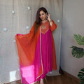 Women's Pink & Orange Ombre Embroidered Anarkali Kurta Set with Dupatta