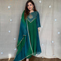 Women's Emerald Green Embroidered Anarkali Kurta Set with Dupatta