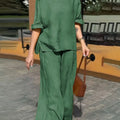 Women Round Neck Long Sleeve Side Pocket High Waist Wide Leg Trousers Set