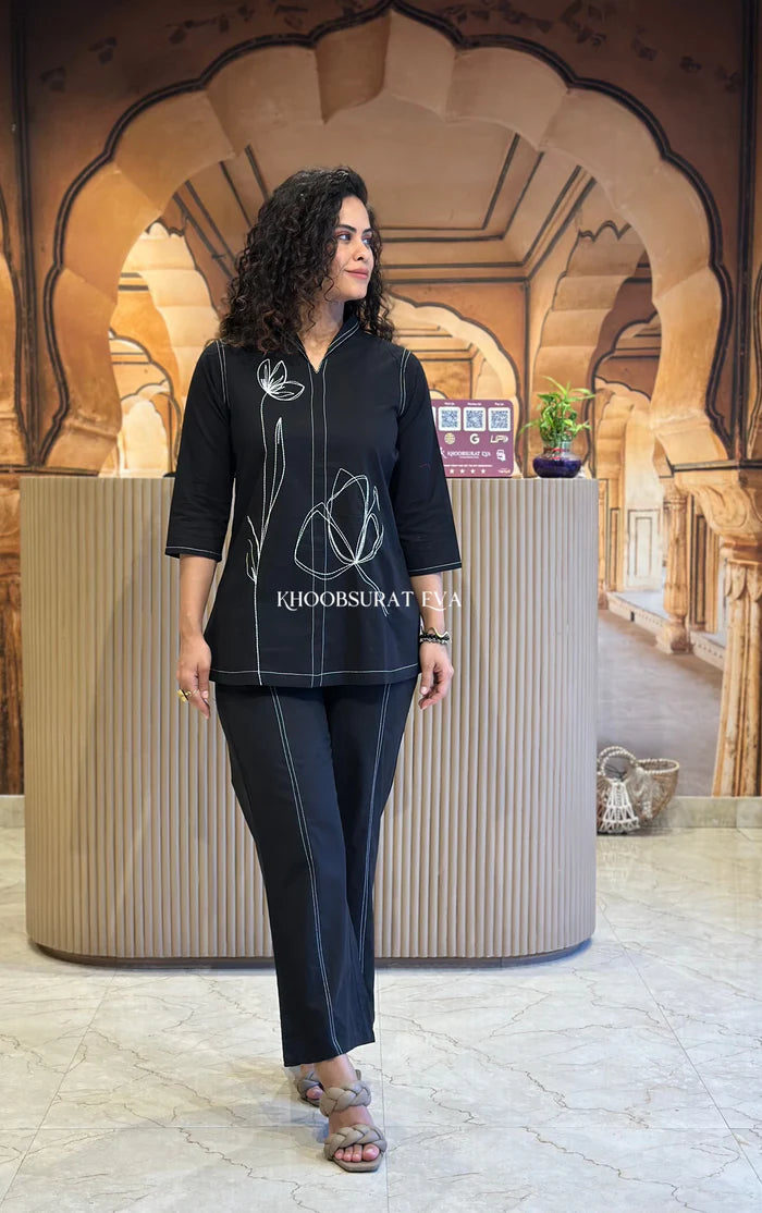 Black Cotton Embroidered Co-Ord Set