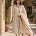 Elegant Beige Silk Anarkali Suit Set with Maroon Piping & Embroidered Neckline