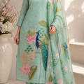 Mint Green Peacock Floral Printed Kurta Pant Dupatta Set for Women