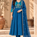 Royal Blue Embroidered Anarkali Suit Set with Designer Dupatta