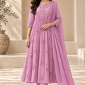 Lavender Chanderi Embroidered Anarkali Suit Set with Dupatta & Pants