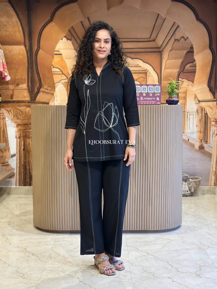 Black Cotton Embroidered Co-Ord Set