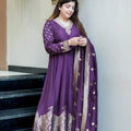 Royal Purple Banarasi Anarkali Suit Set With Zari Border Dupatta