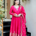 Pink Banarasi Anarkali Suit Set With Zari Border Dupatta