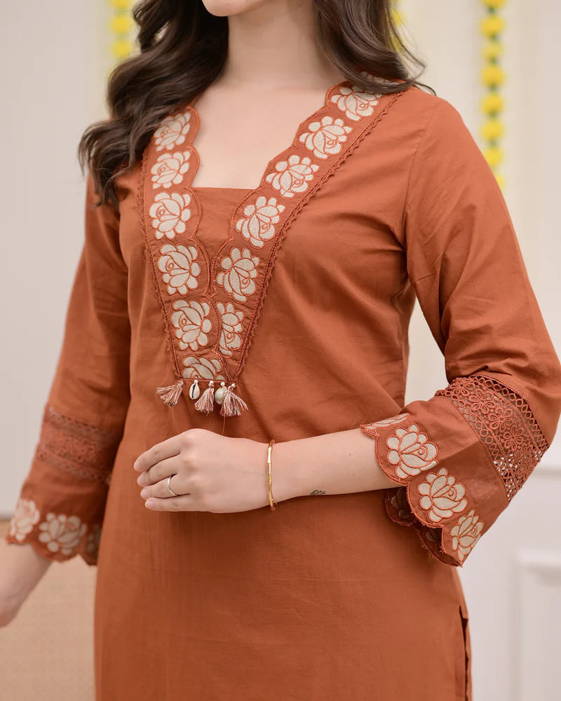 Brown Rose Embroidered Work Cotton Suit