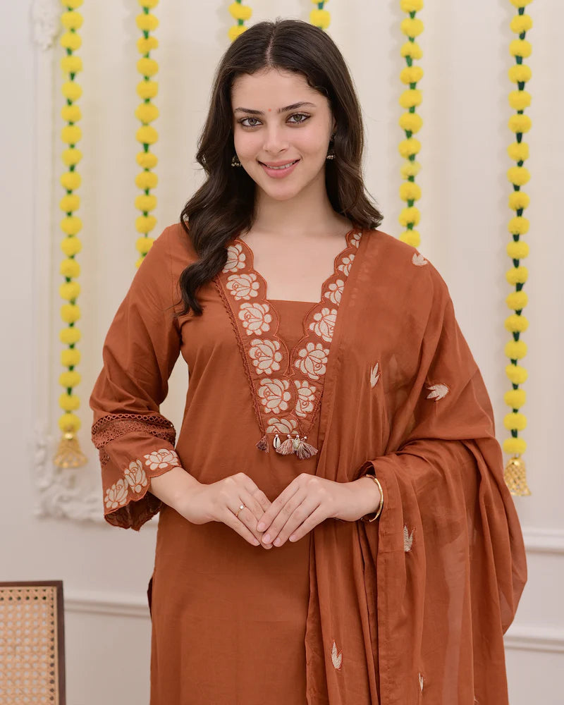 Brown Rose Embroidered Work Cotton Suit