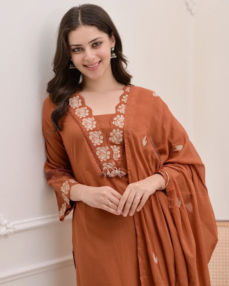Brown Rose Embroidered Work Cotton Suit
