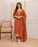 Brown Rose Embroidered Work Cotton Suit