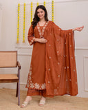 Brown Rose Embroidered Work Cotton Suit