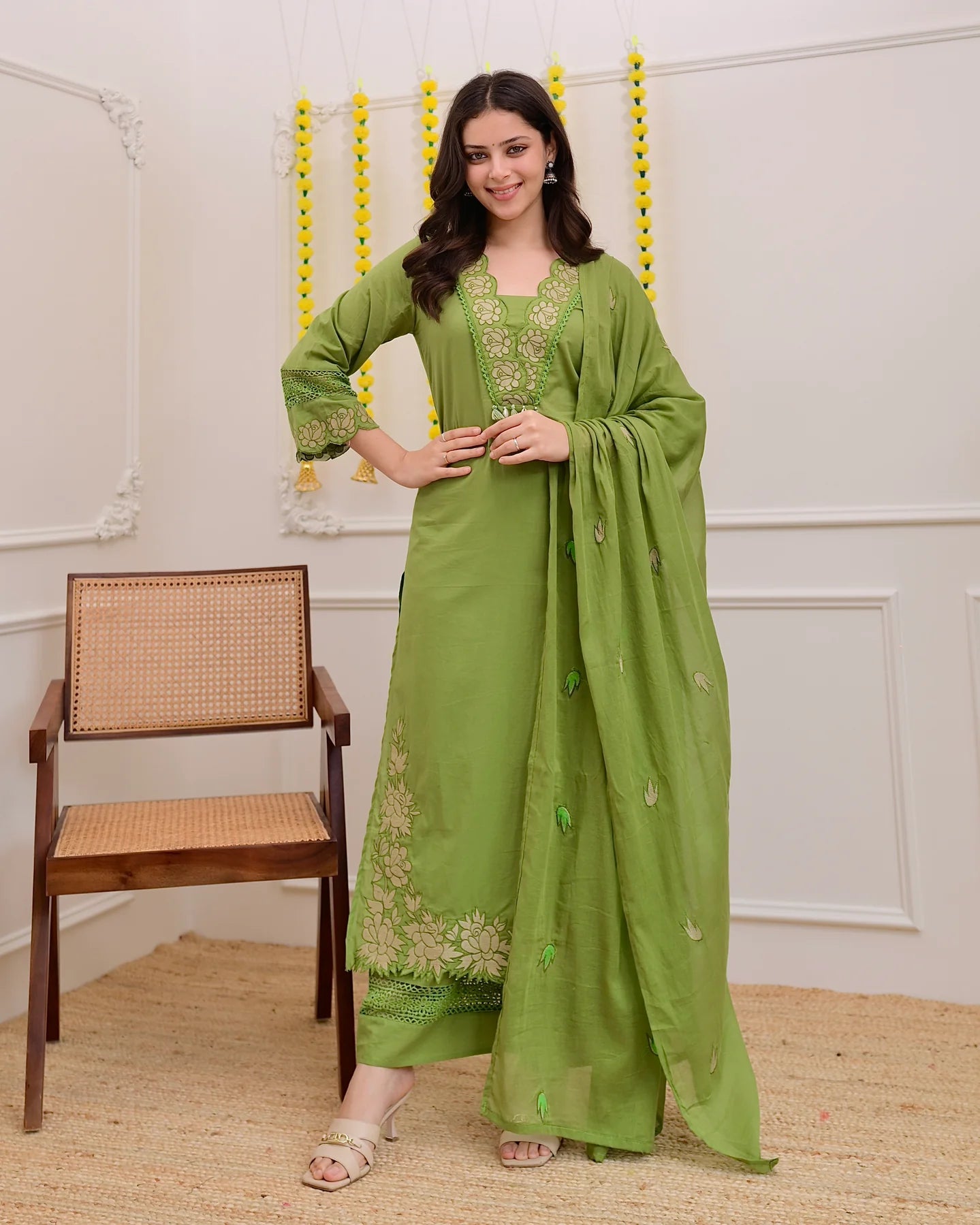 Green Rose Embroidered Work Cotton Suit