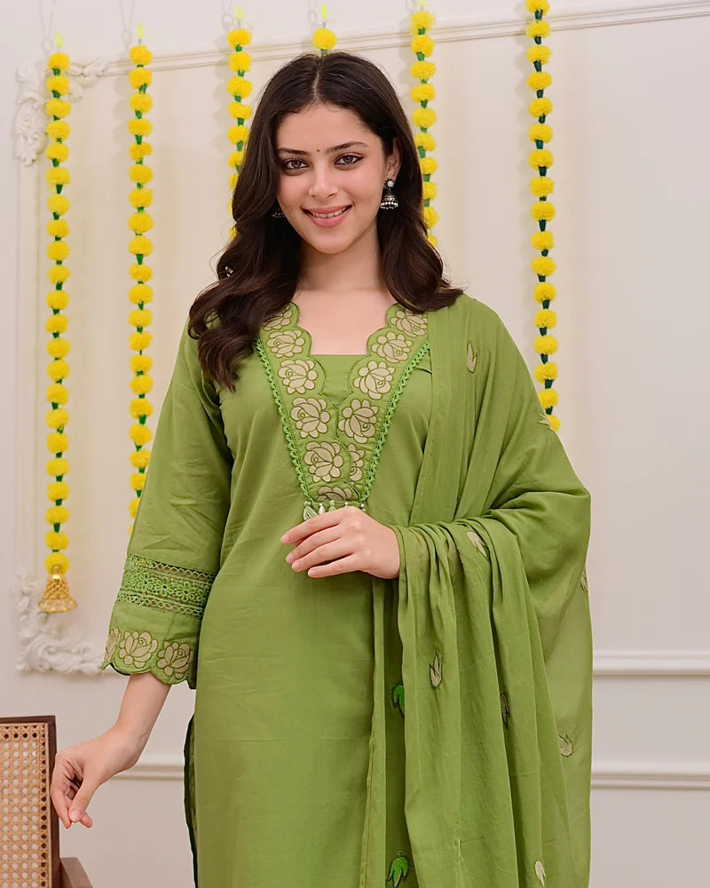 Green Rose Embroidered Work Cotton Suit