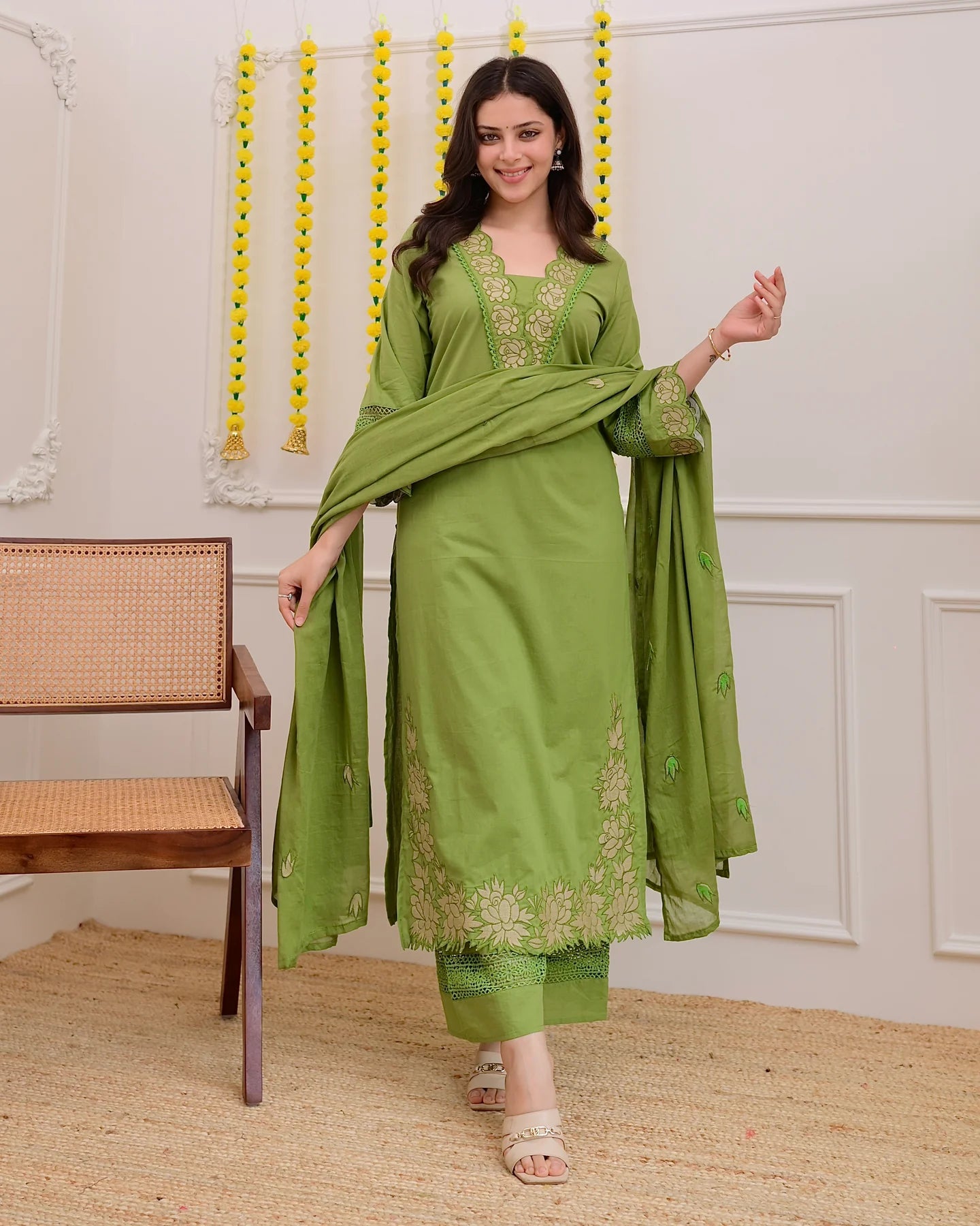 Green Rose Embroidered Work Cotton Suit