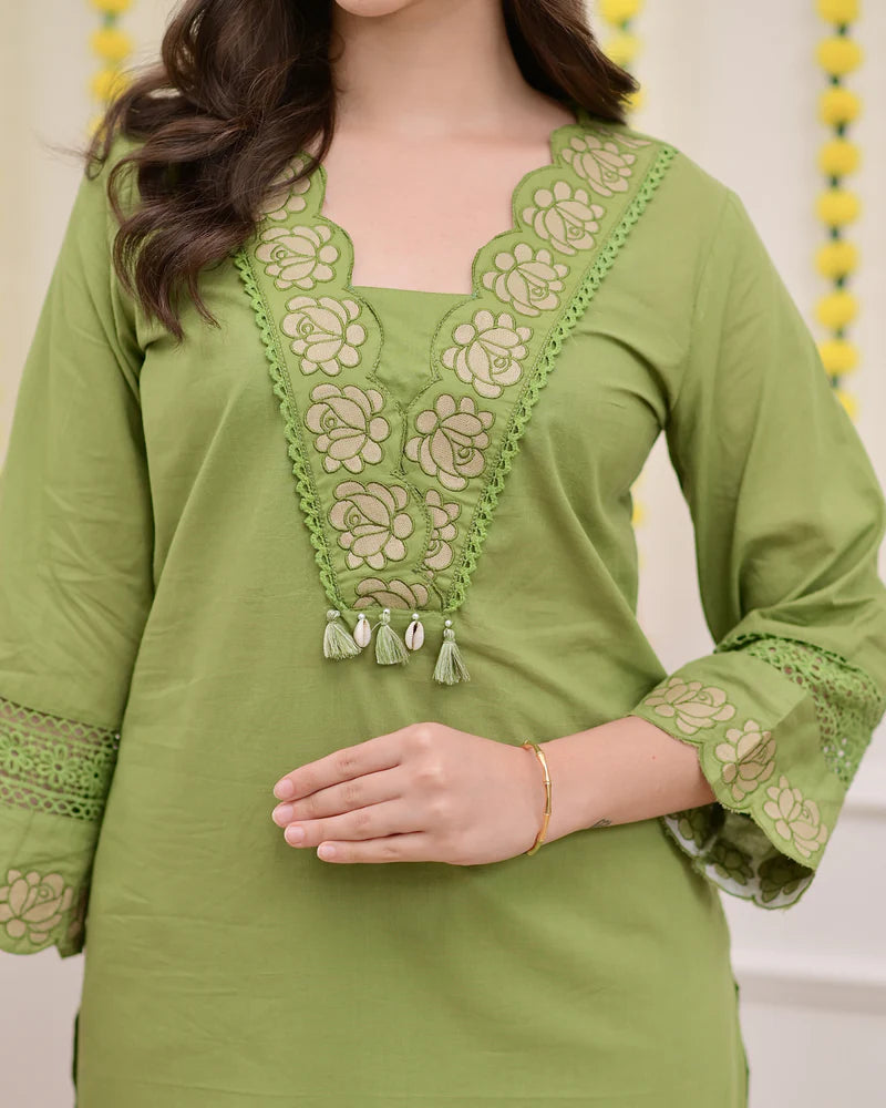 Green Rose Embroidered Work Cotton Suit