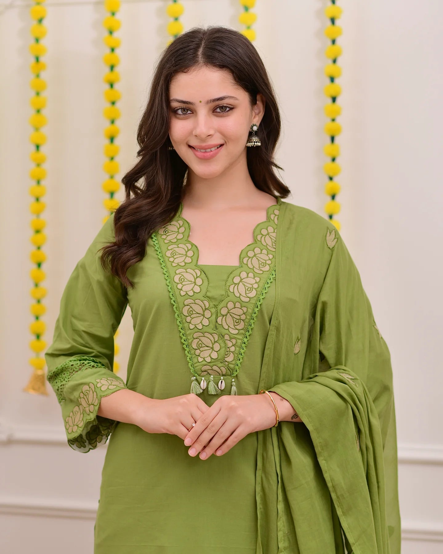 Green Rose Embroidered Work Cotton Suit