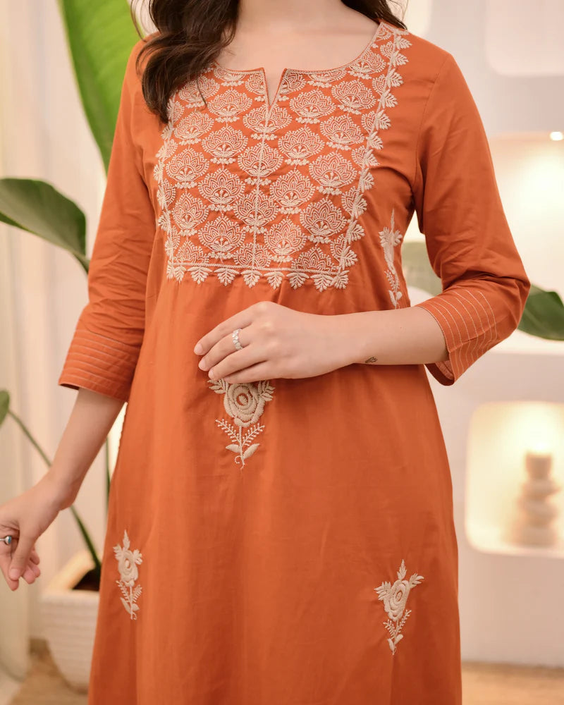 Rust Orange Cotton Threadwork Suit Set