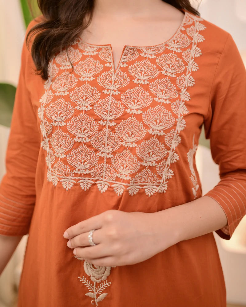 Rust Orange Cotton Threadwork Suit Set