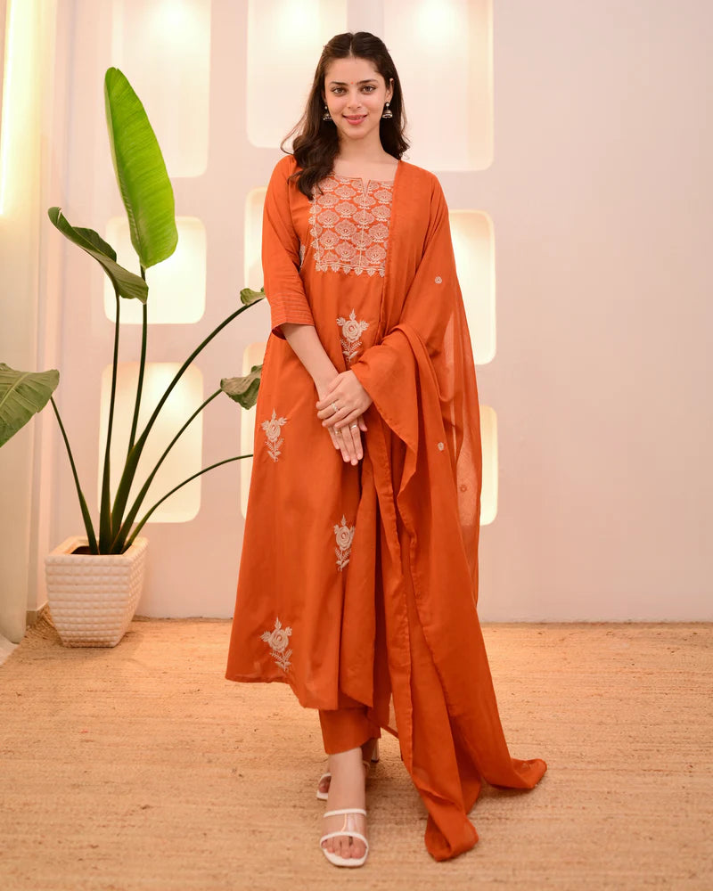Rust Orange Cotton Threadwork Suit Set