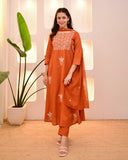 Rust Orange Cotton Threadwork Suit Set