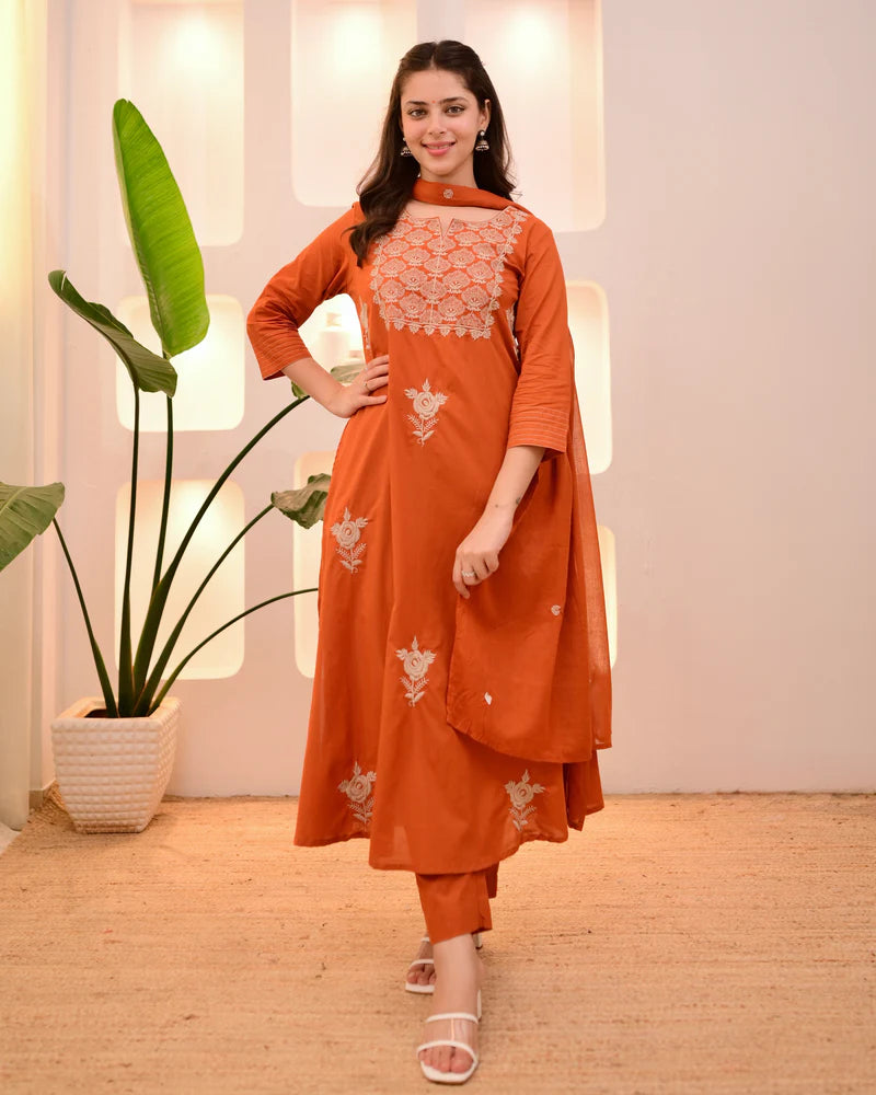 Rust Orange Cotton Threadwork Suit Set