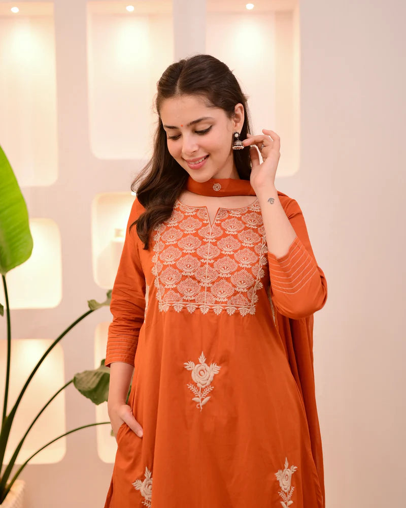 Rust Orange Cotton Threadwork Suit Set