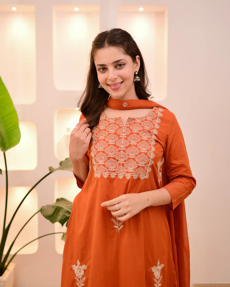 Rust Orange Cotton Threadwork Suit Set