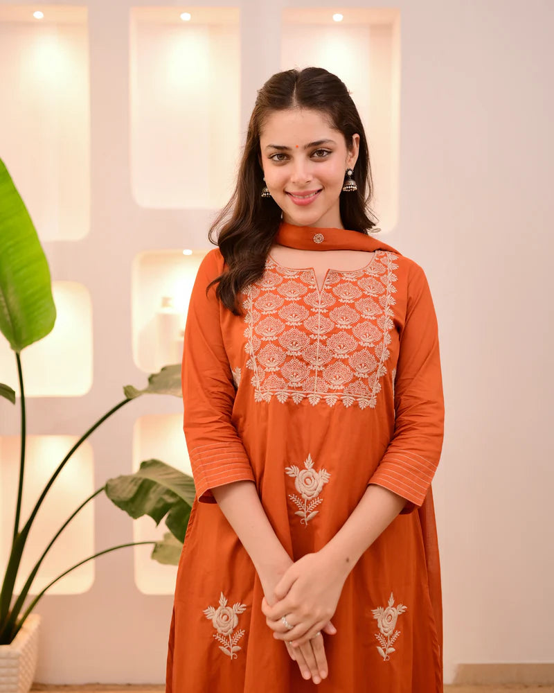 Rust Orange Cotton Threadwork Suit Set