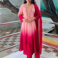 Elegant Peach to Red Embroidered Kurta Set with Dupatta