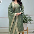 Royal Sage Green Embroidered Ethnic Suit Set with Elegant Dupatta