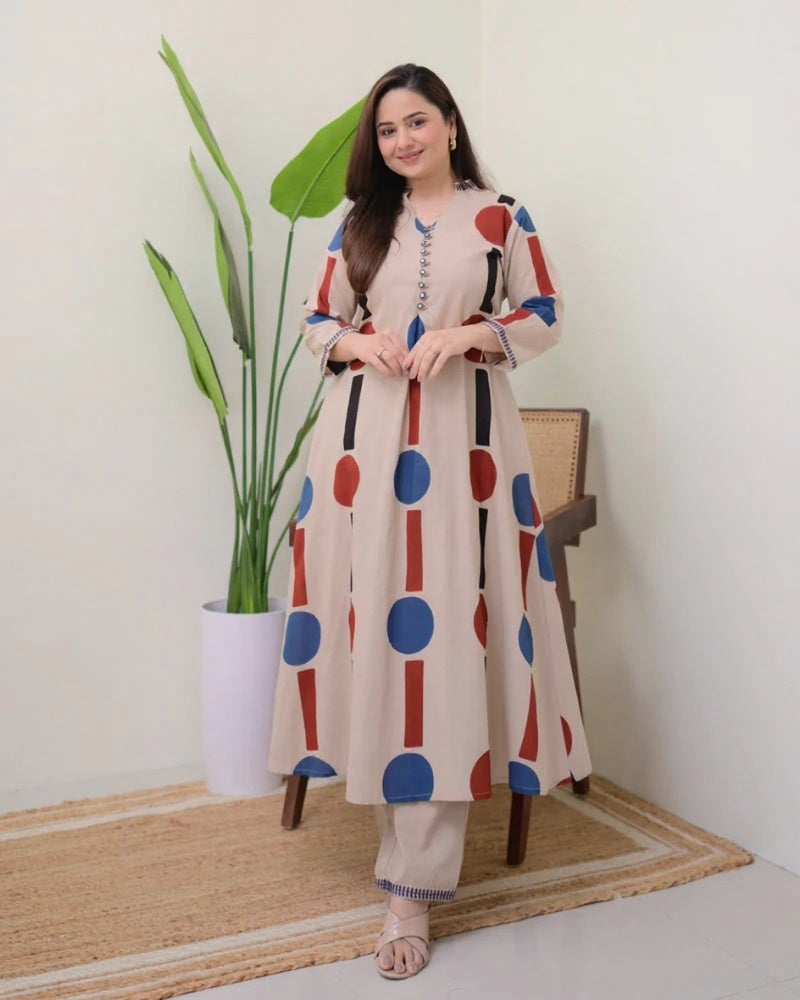 Cream A-Line Cotton Kurta Set