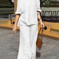 Women Round Neck Long Sleeve Side Pocket High Waist Wide Leg Trousers Set