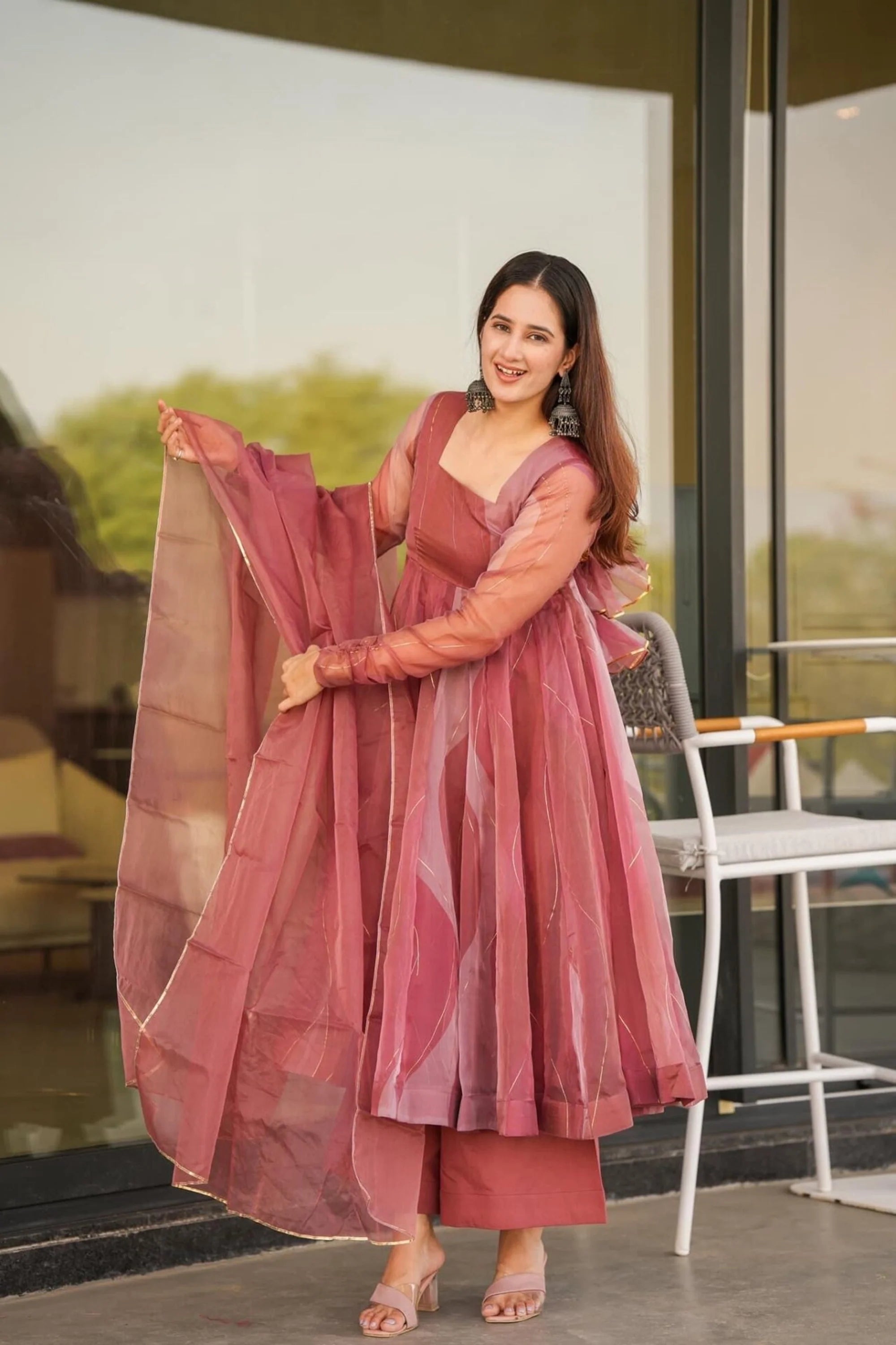 Wine Organza Anarkali Kurta Set with Dupatta