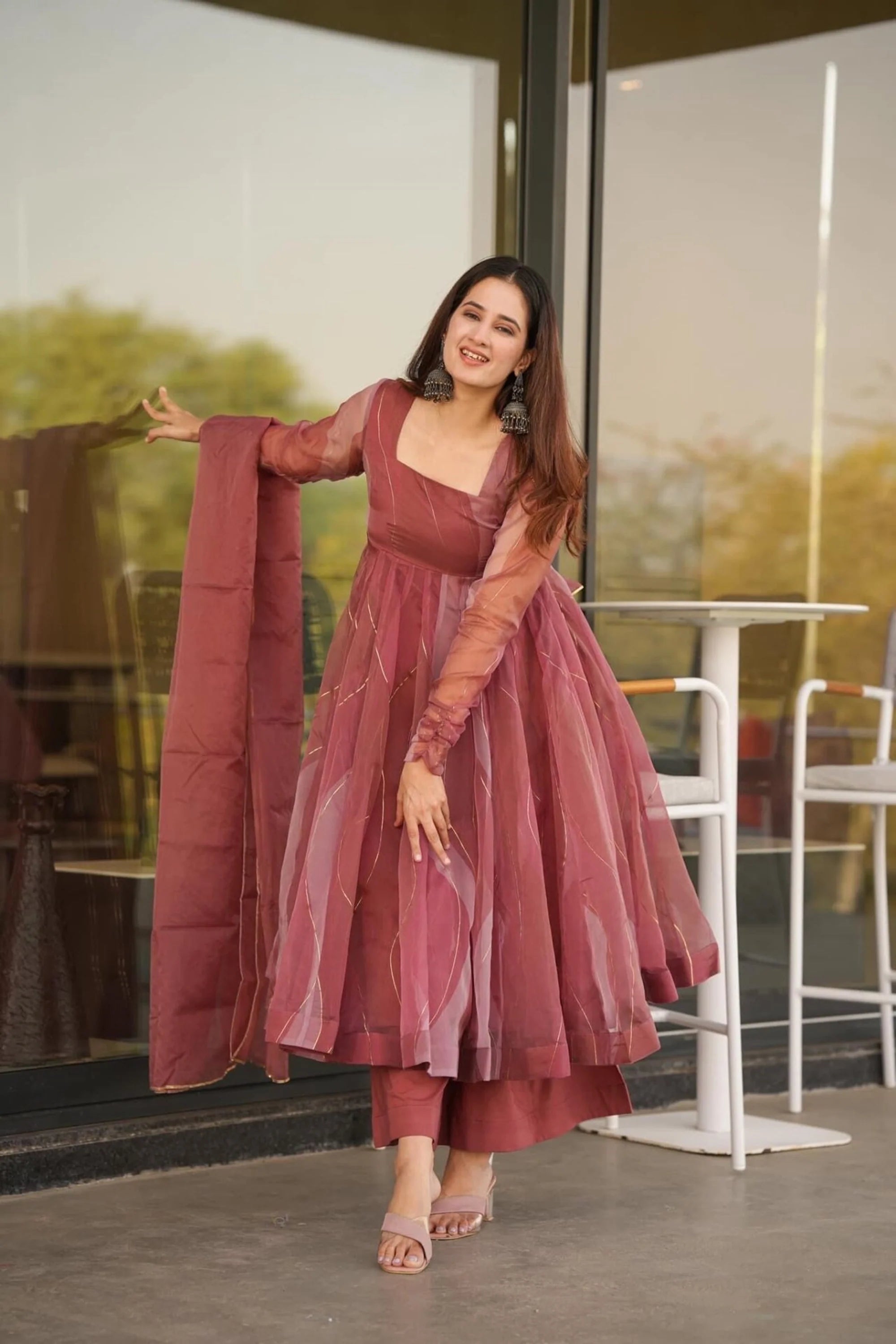 Wine Organza Anarkali Kurta Set with Dupatta