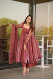 Wine Organza Anarkali Kurta Set with Dupatta