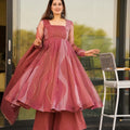 Wine Organza Anarkali Kurta Set with Dupatta
