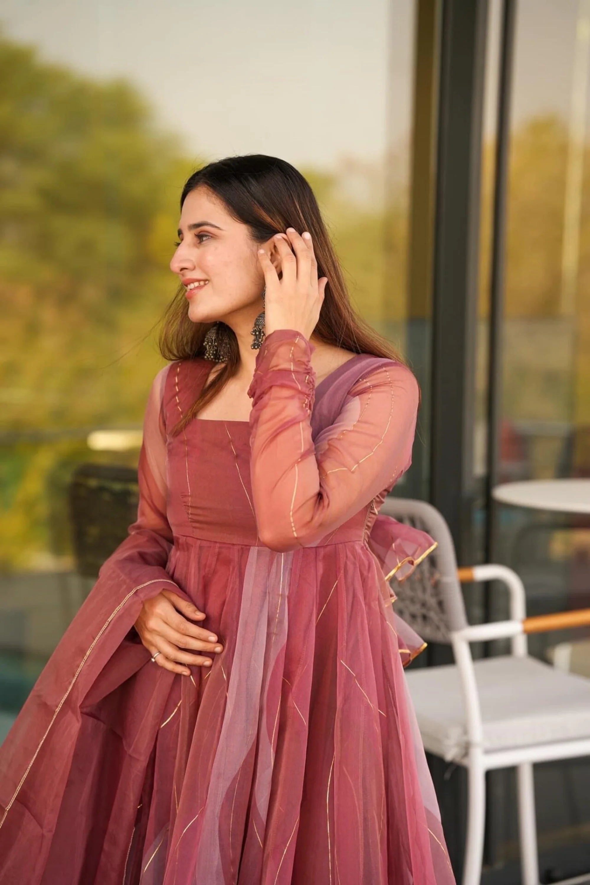 Wine Organza Anarkali Kurta Set with Dupatta