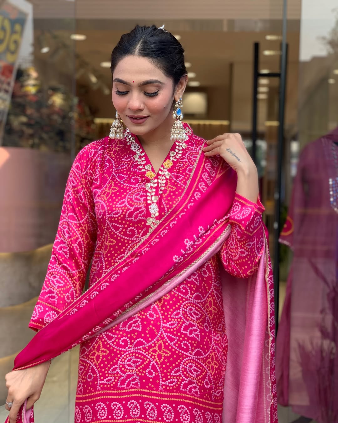 Pink Bandhani Print Embroidered Suit Set