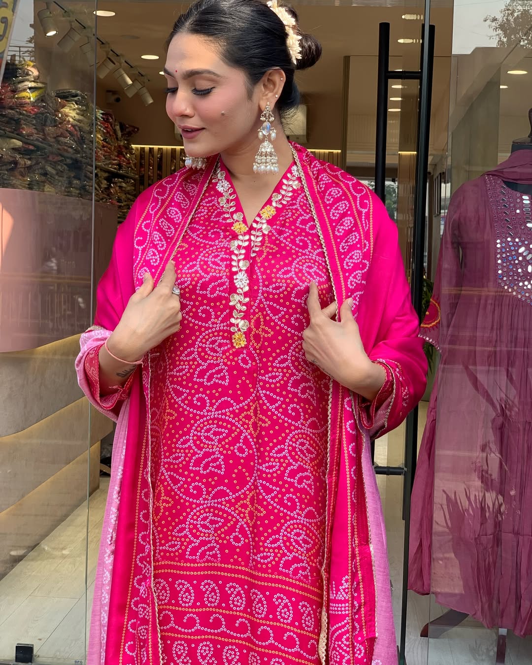 Pink Bandhani Print Embroidered Suit Set