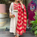 Red & Ivory Embroidered Anarkali Suit Set with Striped Tissue Dupatta