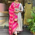 Pink & Ivory Embroidered Anarkali Suit Set with Striped Tissue Dupatta
