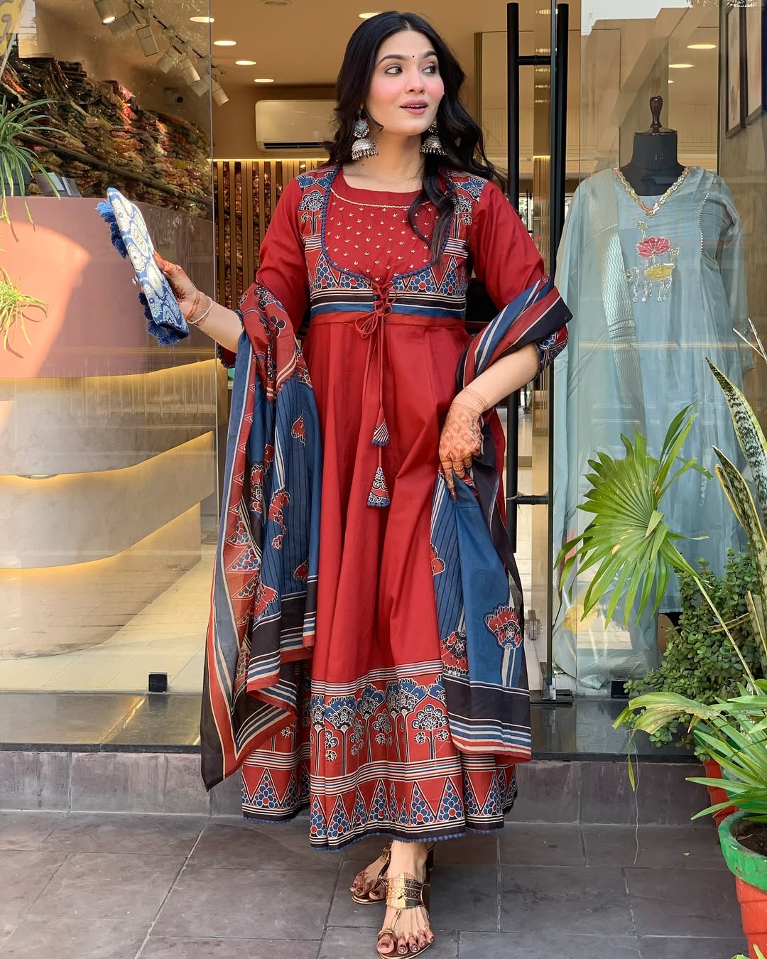 Rust Red Anarkali Cotton Kurti Set with Printed Dupatta