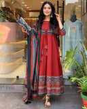 Rust Red Anarkali Cotton Kurti Set with Printed Dupatta