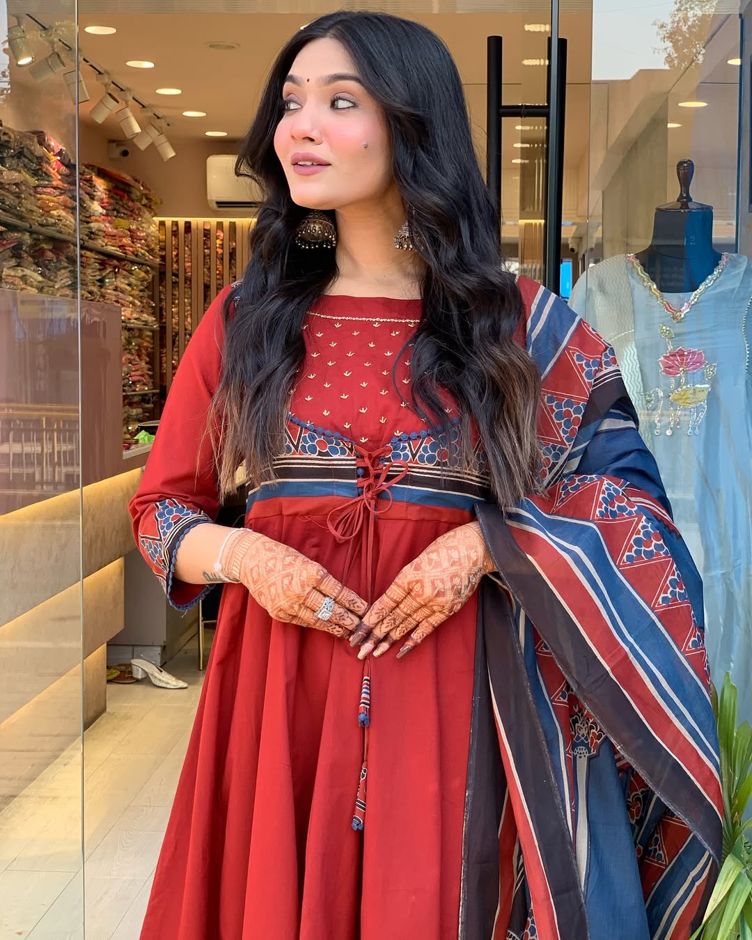 Rust Red Anarkali Cotton Kurti Set with Printed Dupatta