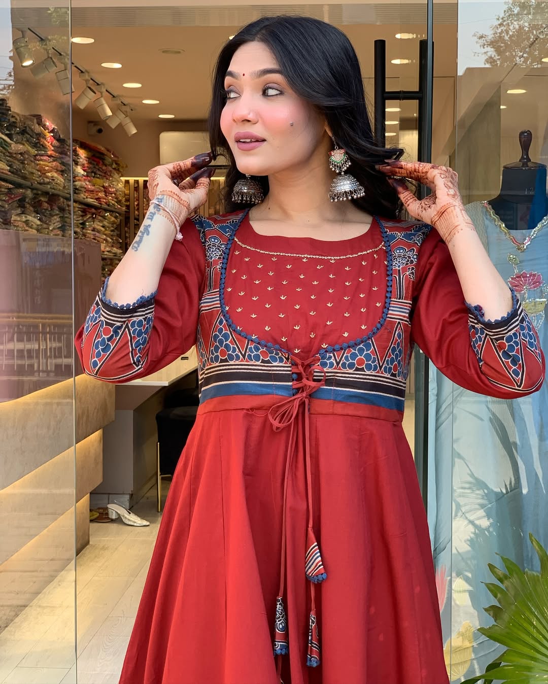 Rust Red Anarkali Cotton Kurti Set with Printed Dupatta