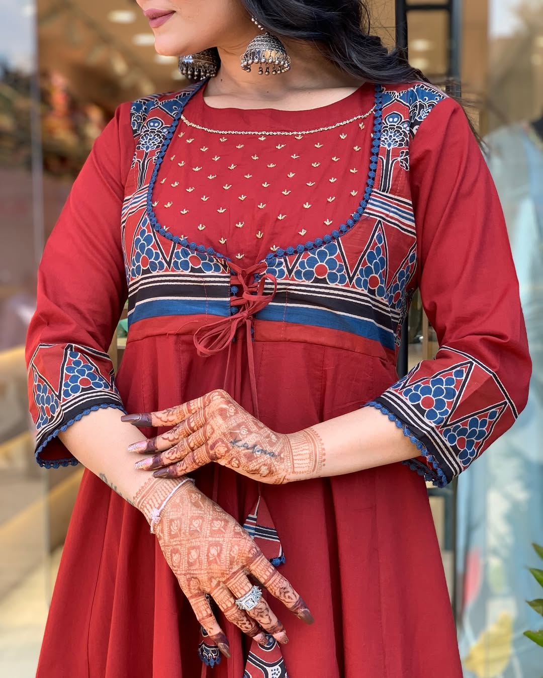 Rust Red Anarkali Cotton Kurti Set with Printed Dupatta